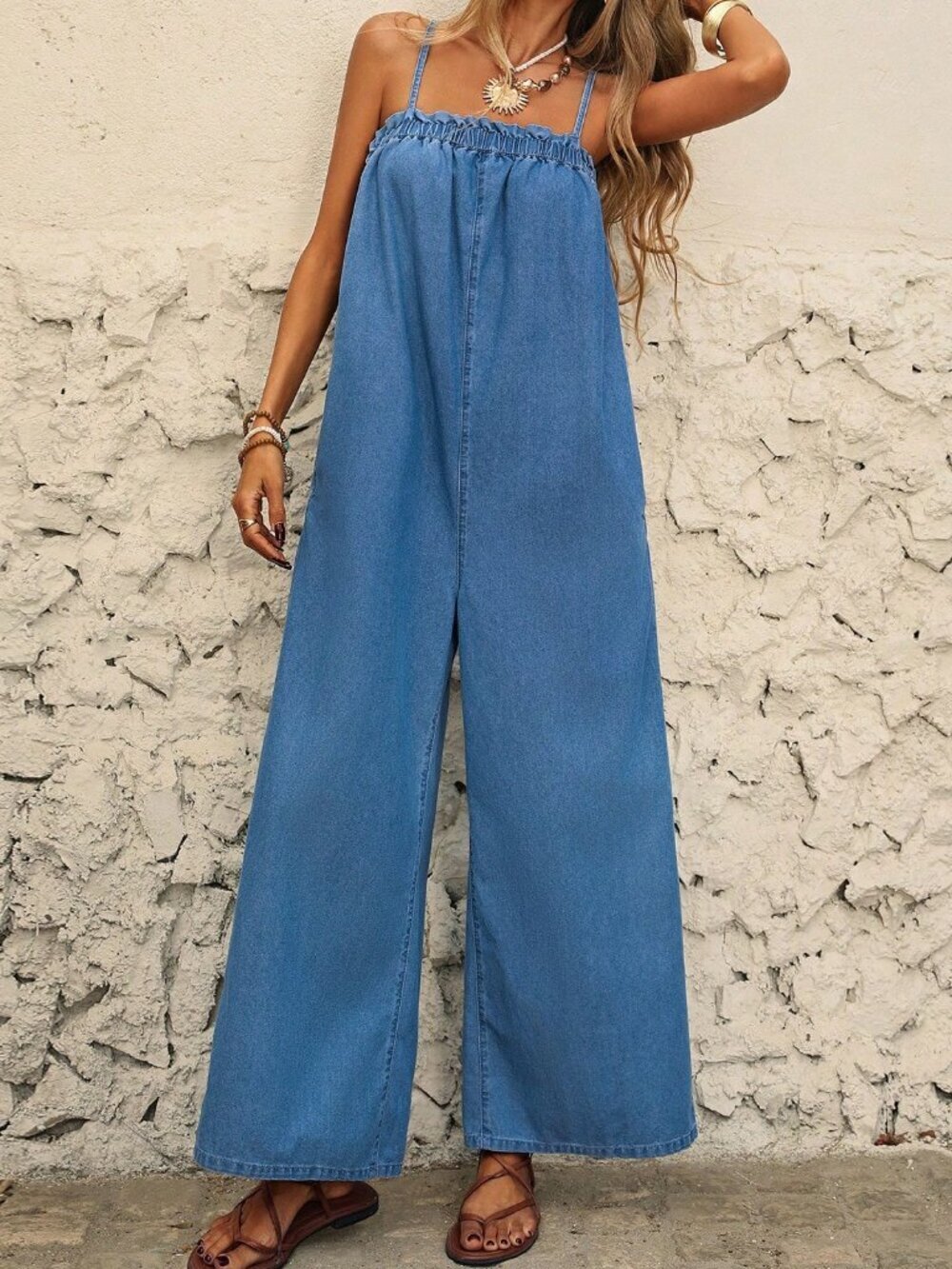 Light Wash Casual Women's Frill-Trim Wide-Leg Denim Jumpsuit